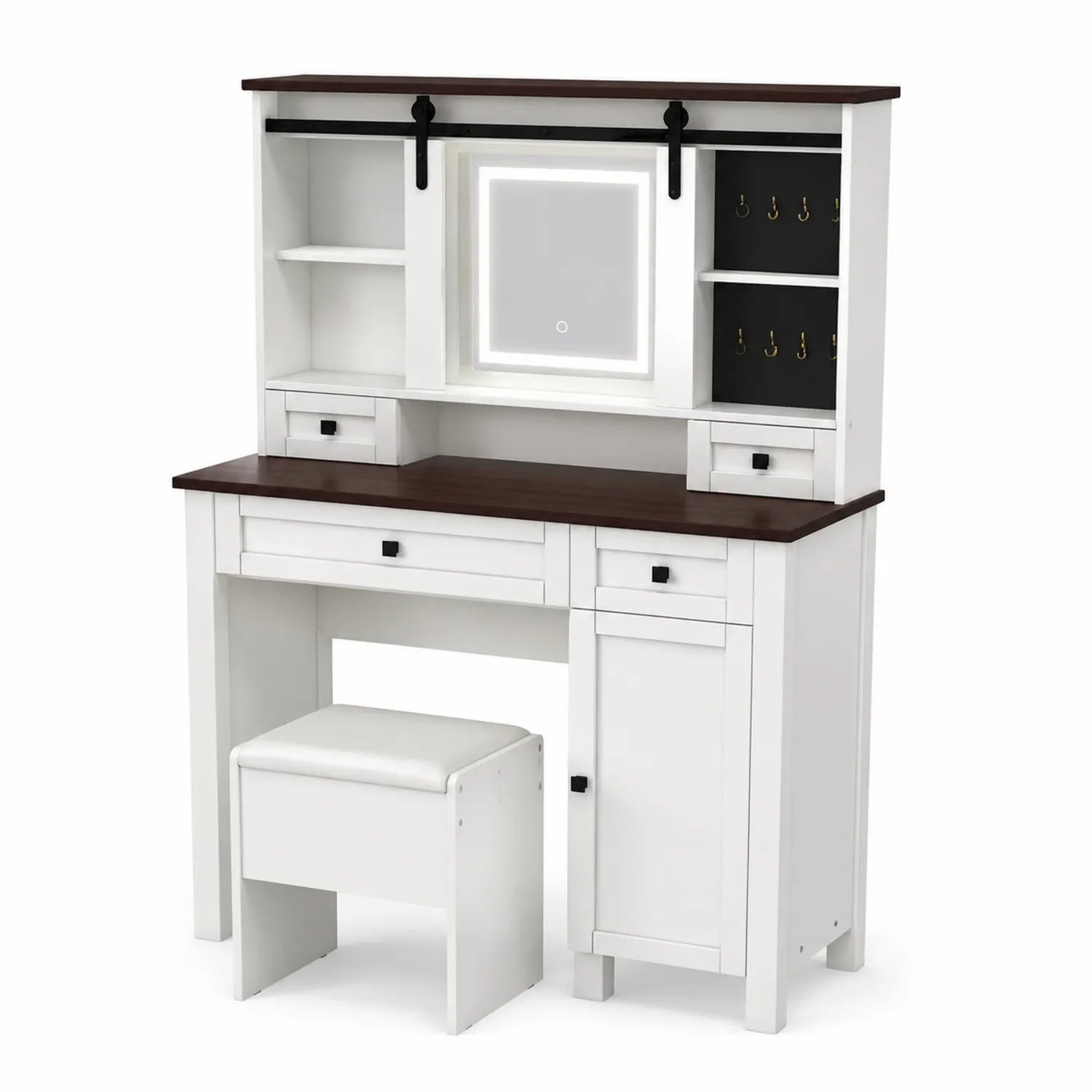 Toeletta con Specchio Illuminato e Sgabello in Legno Bianco e Marrone