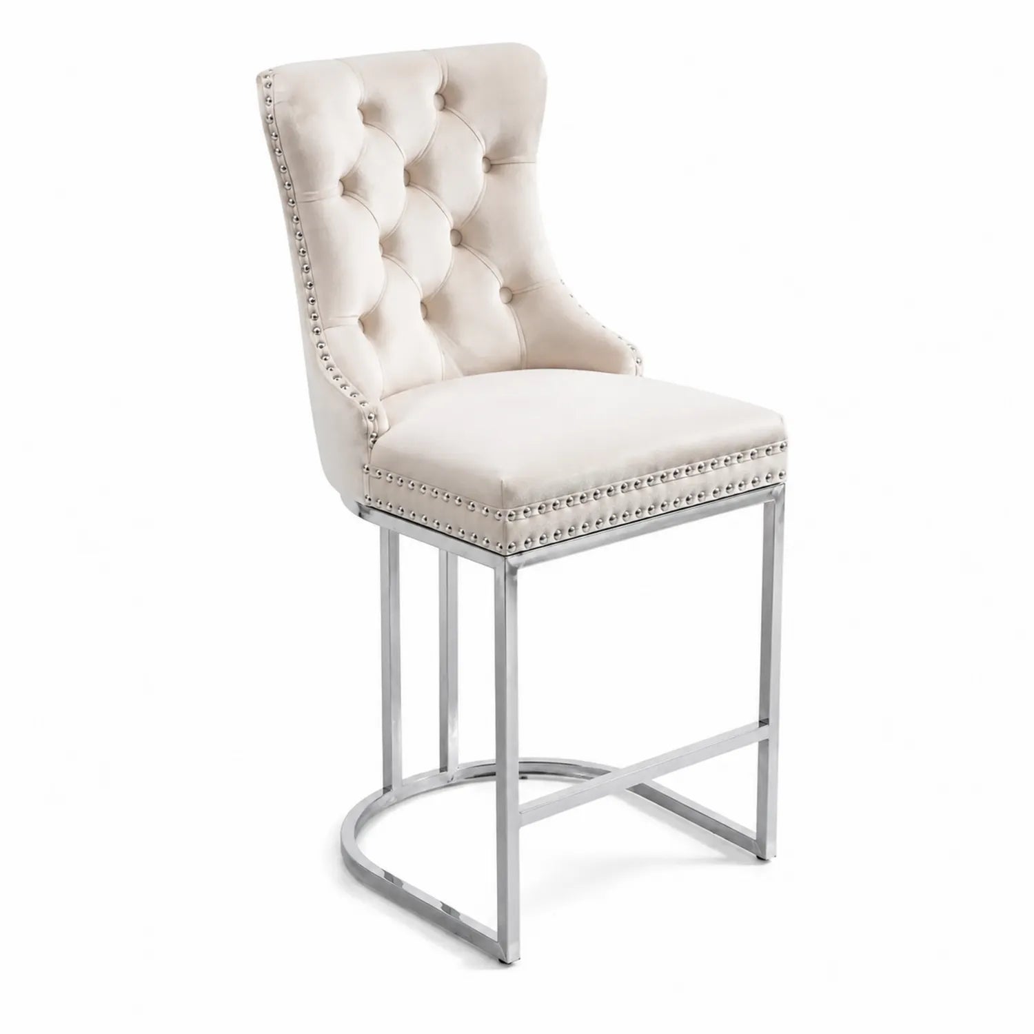 Sgabello da bar in velluto beige con struttura in acciaio