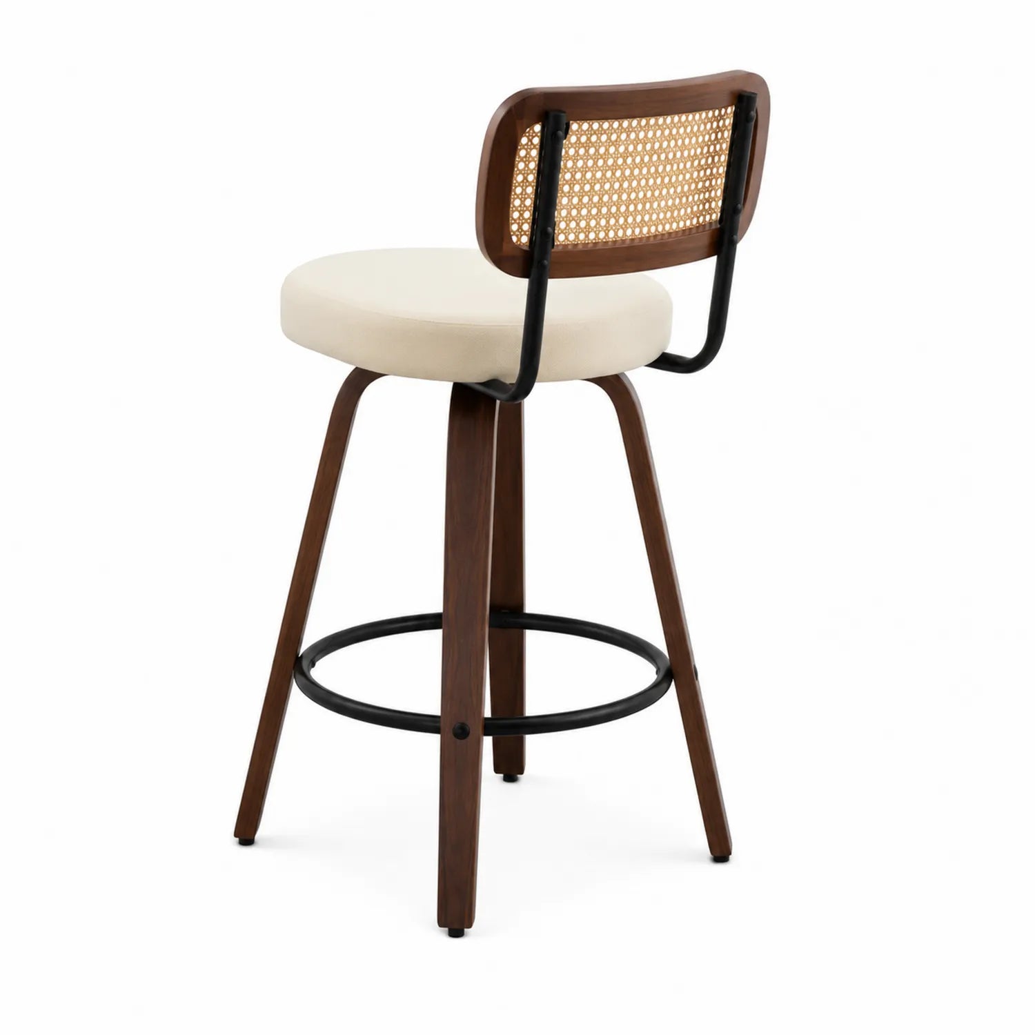 Sgabello da Bar in Tessuto Beige con Schienale in Rattan e Struttura in Legno