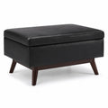 Pouf poggiapiedi rettangolare in legno e pelle nera