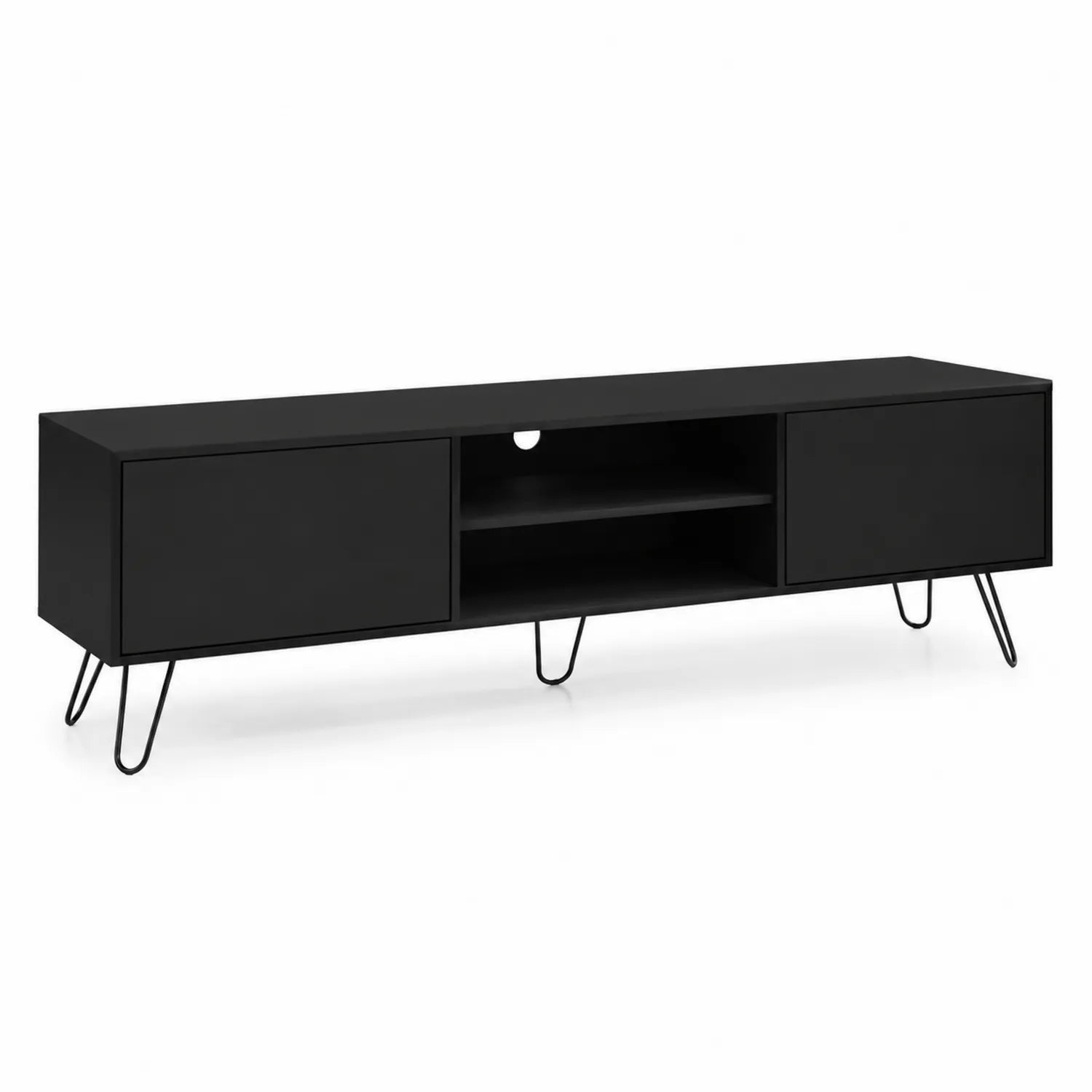 Mobile TV in MDF nero con gambe in metallo
