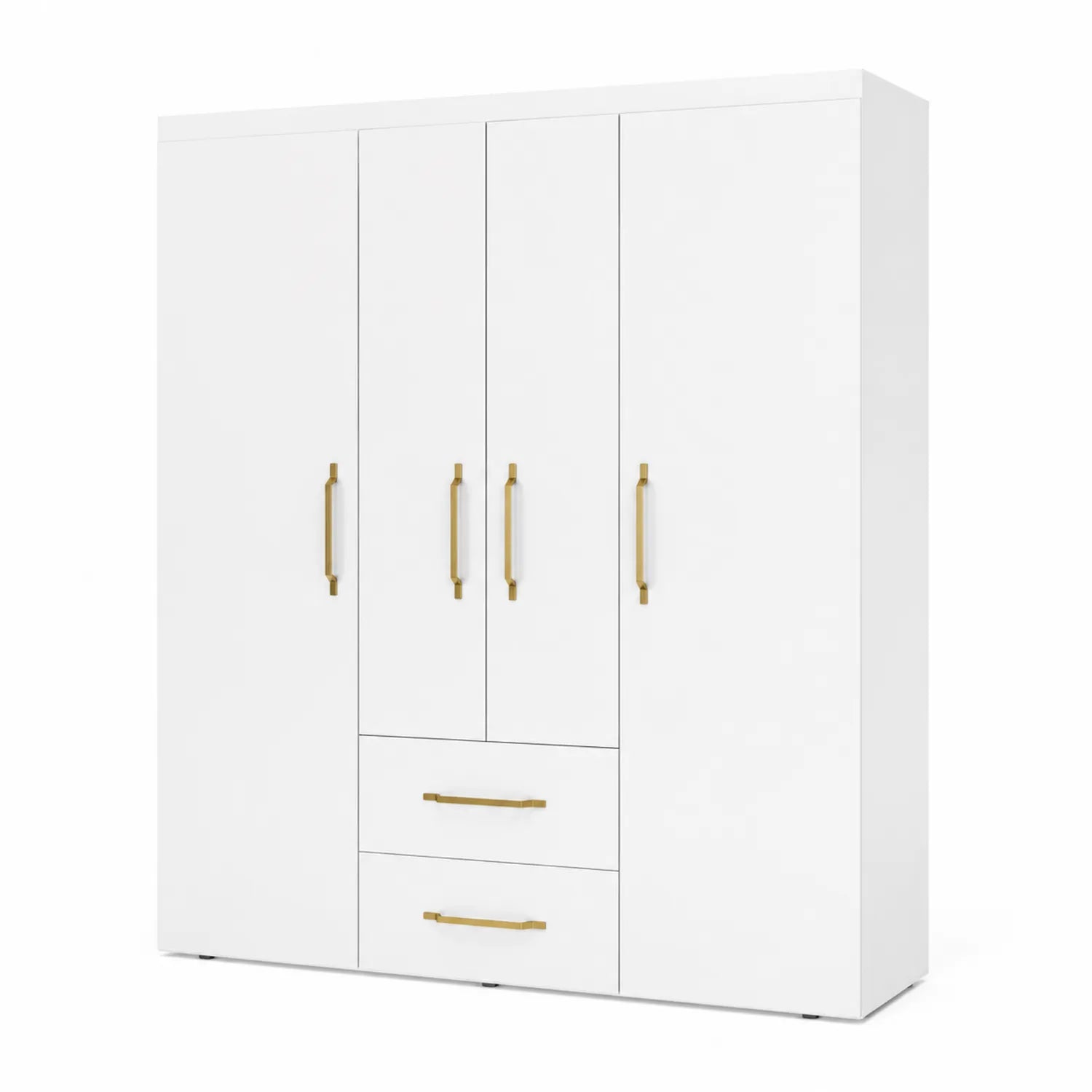 Armadio Bianco con 4 Ante e 2 Cassetti in Legno MDF e Maniglie in Metallo