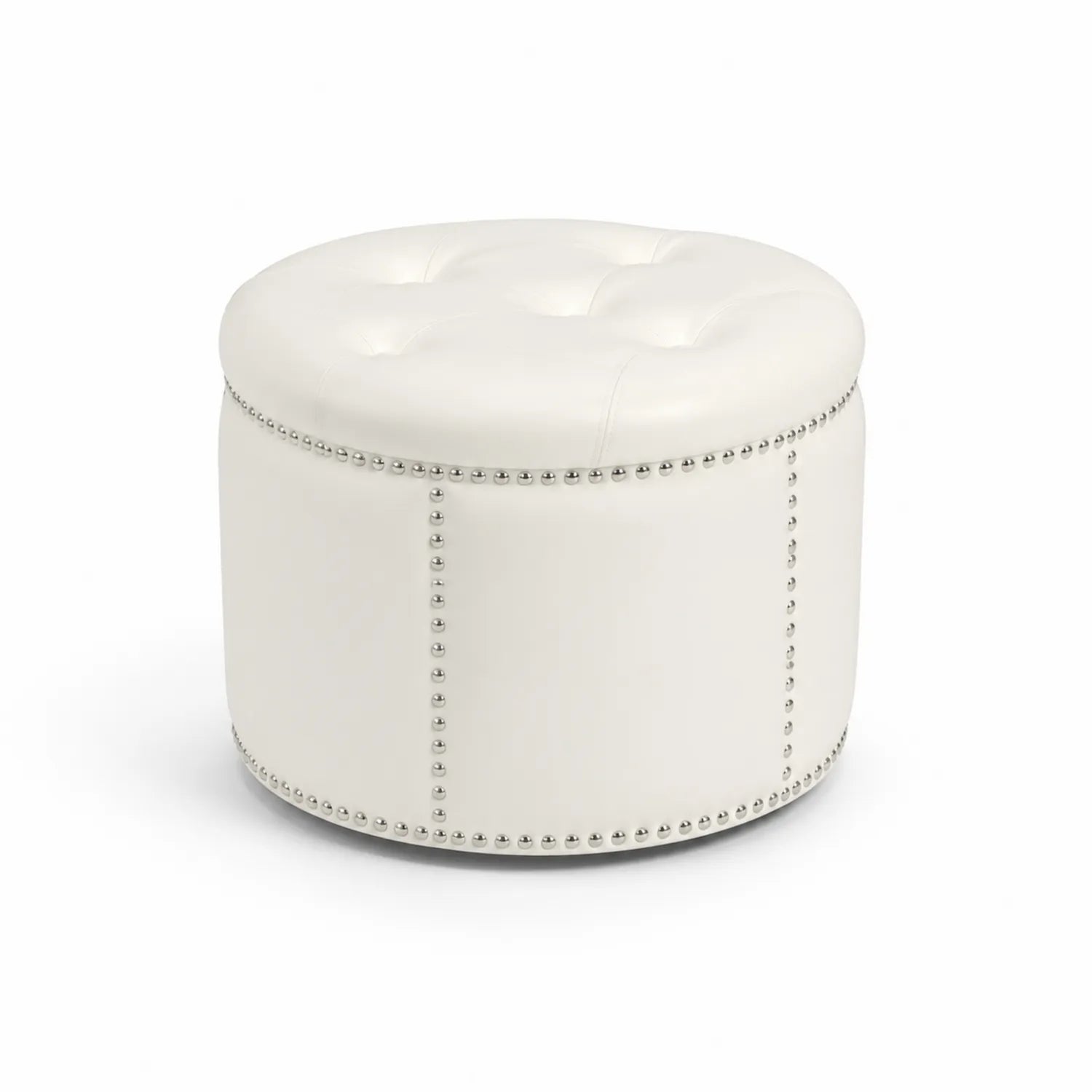 Pouf Rotondo in Pelle Sintetica Bianca con Borchie