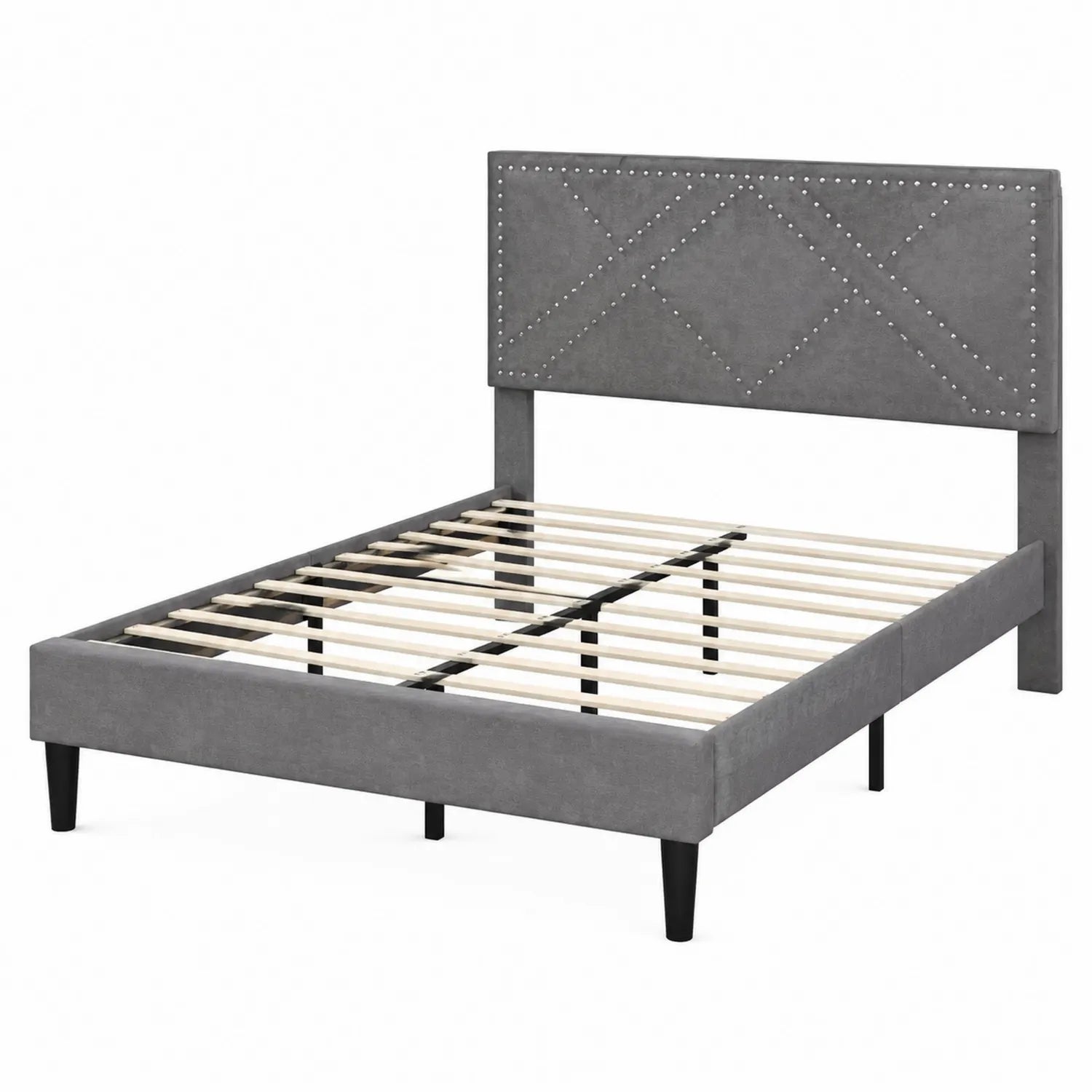 Letto matrimoniale in legno e tessuto grigio