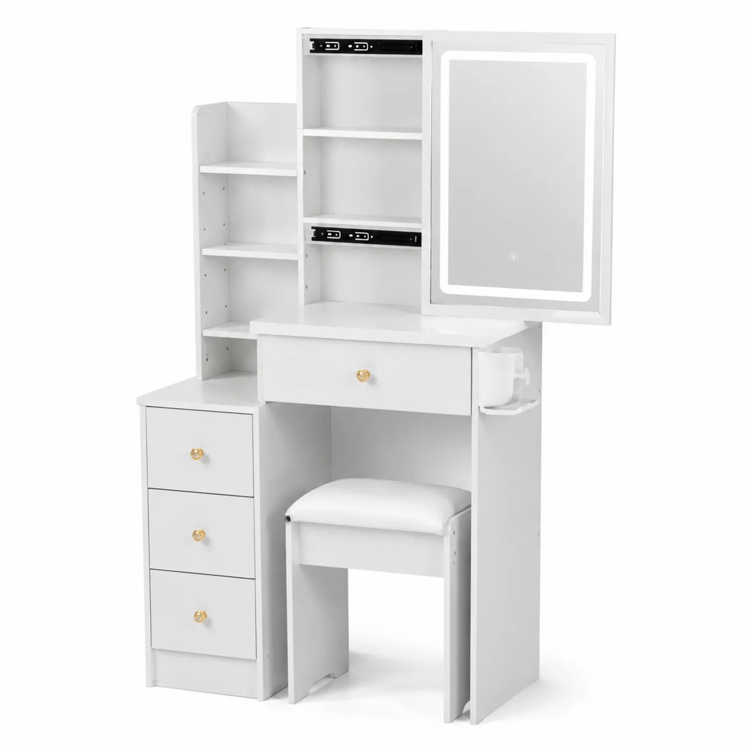 Toeletta Bianco con Specchio LED e Sgabello in MDF