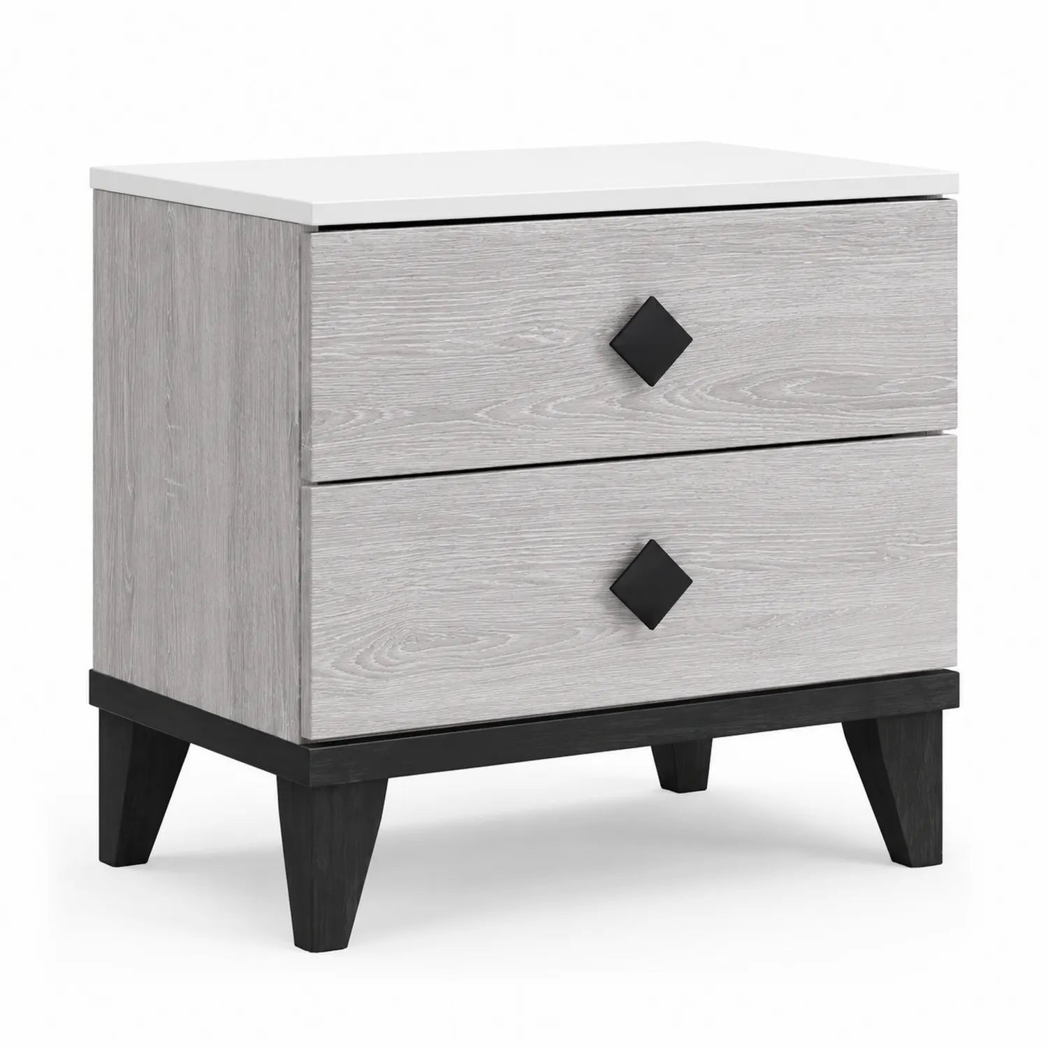 Comodino a Due Cassetti in Legno Composito Grigio con Dettagli Neri