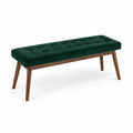 Panca in velluto verde con gambe in legno