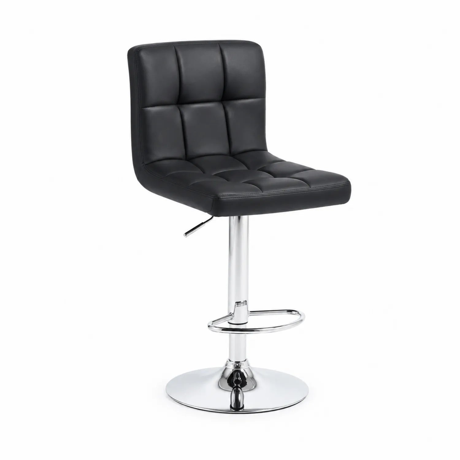Sgabello girevole in pelle sintetica nero con base in metallo cromato