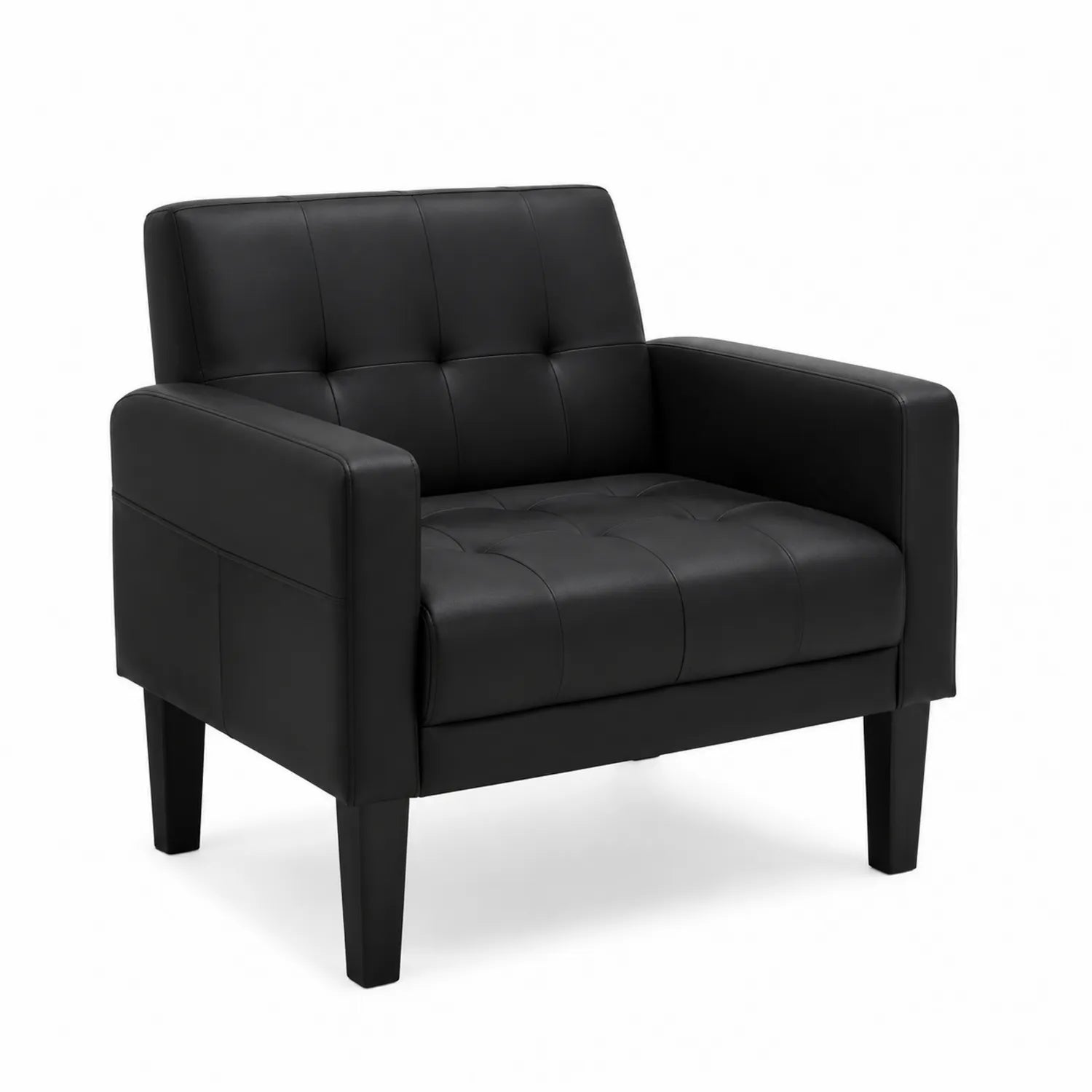 Poltrona in Pelle Sintetica Nera con Gambe in Legno