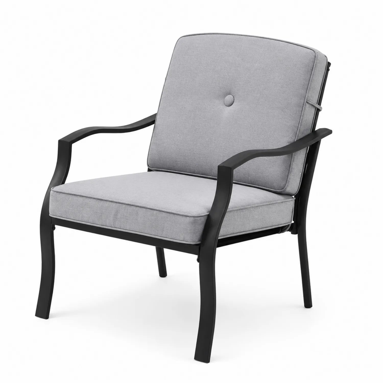 Poltrona da esterno in metallo nero con cuscini in tessuto grigio