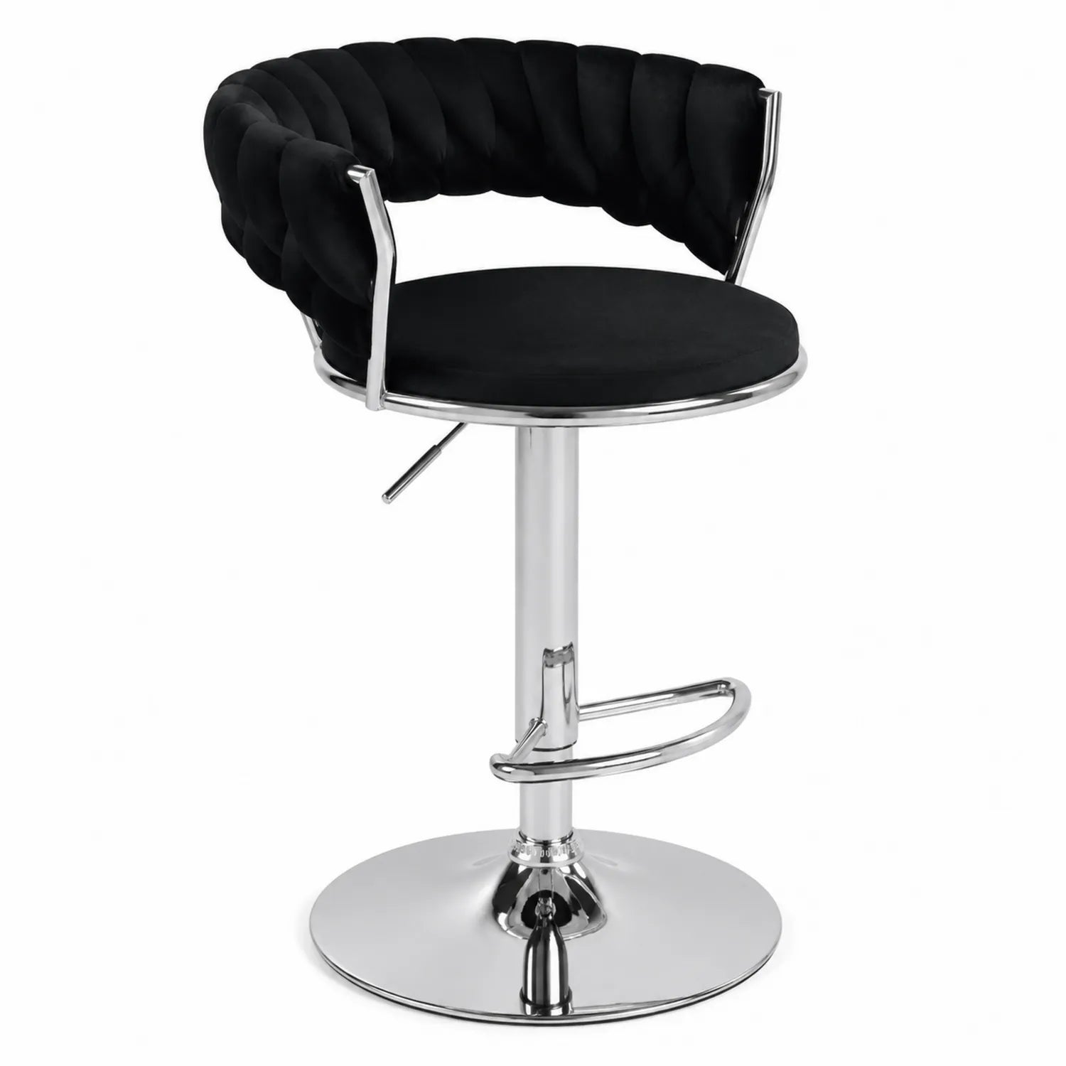 Sgabello da bar in velluto nero con base in metallo cromato