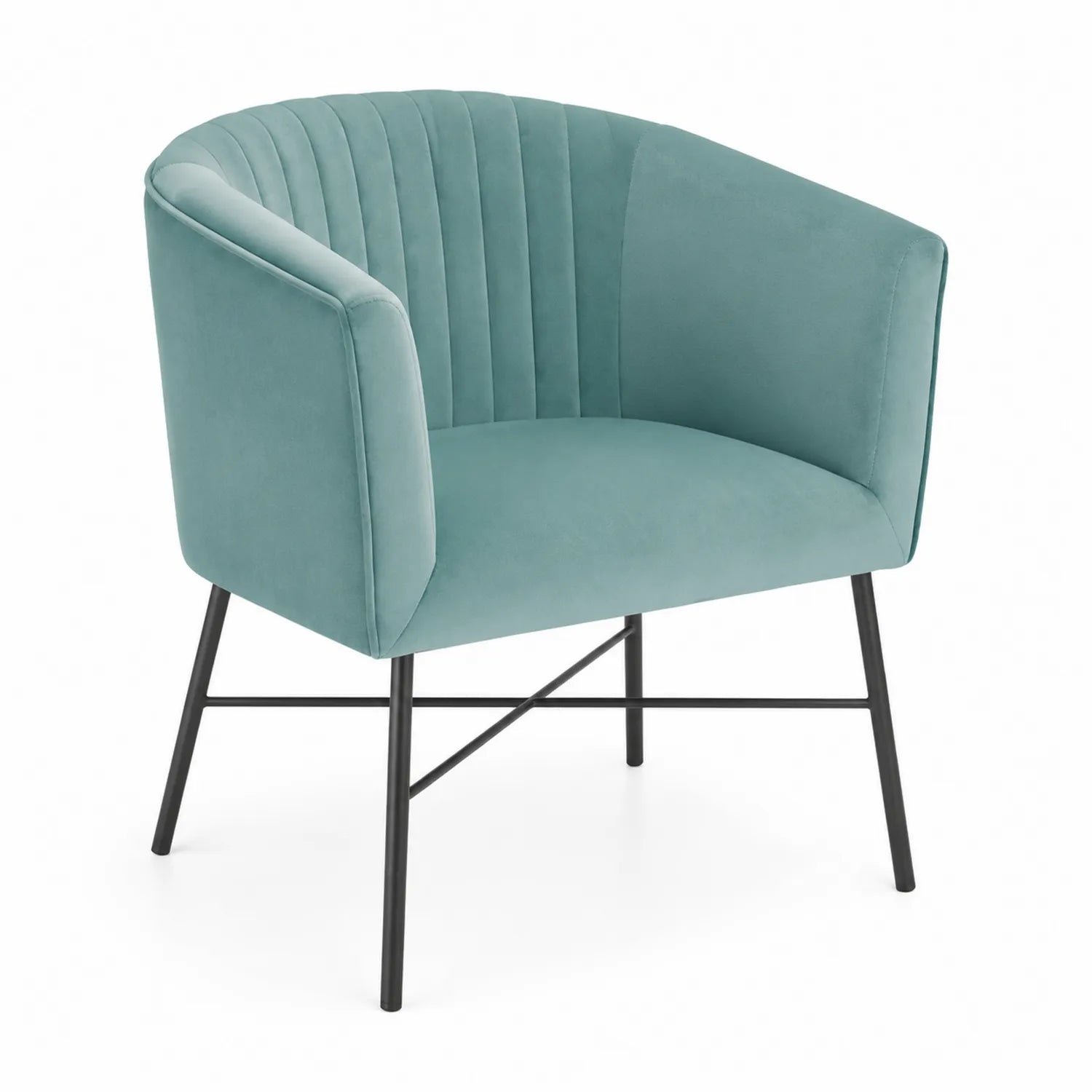 Poltrona in velluto verde acqua con gambe in metallo