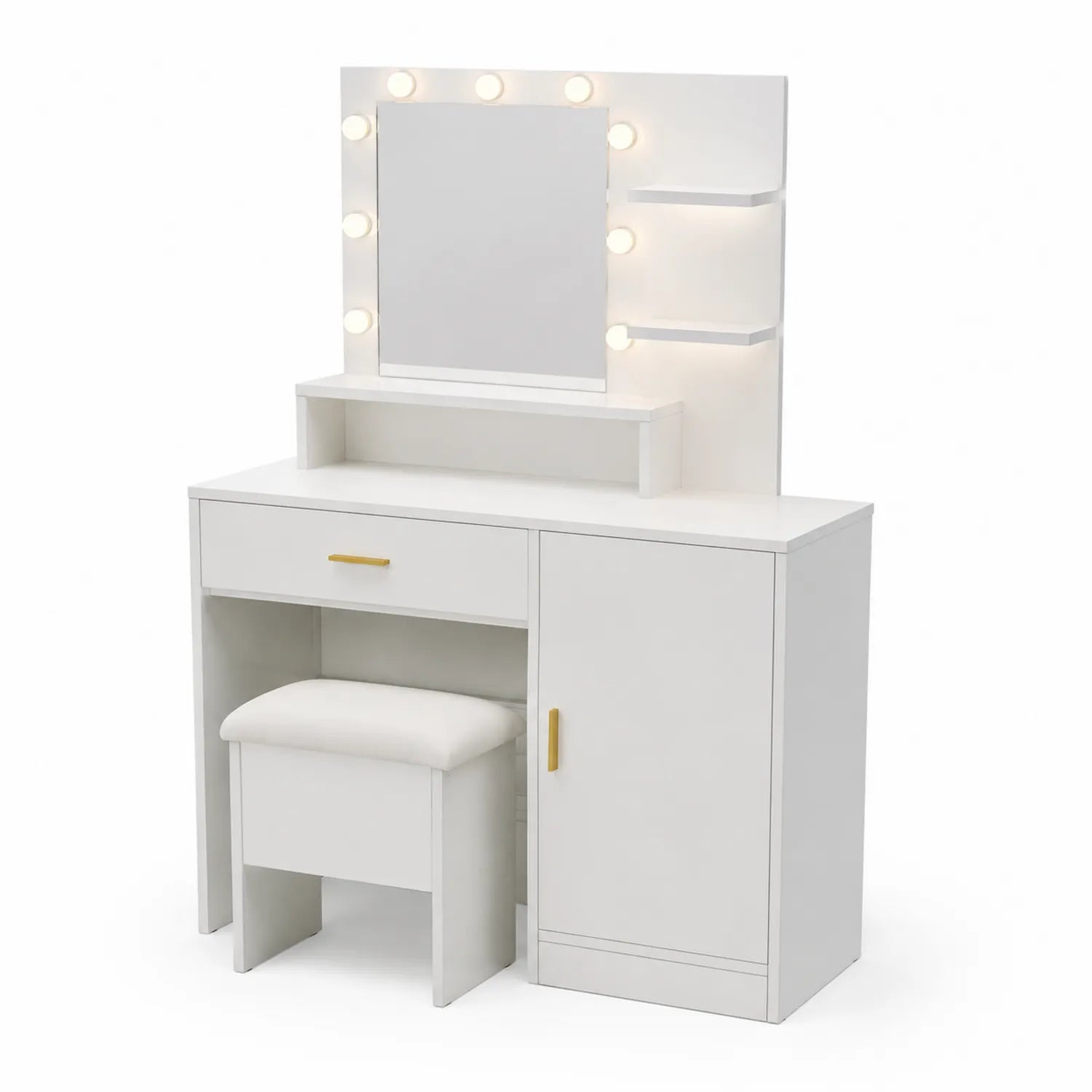 Toeletta in Legno con Specchio Illuminato e Sgabello Bianco