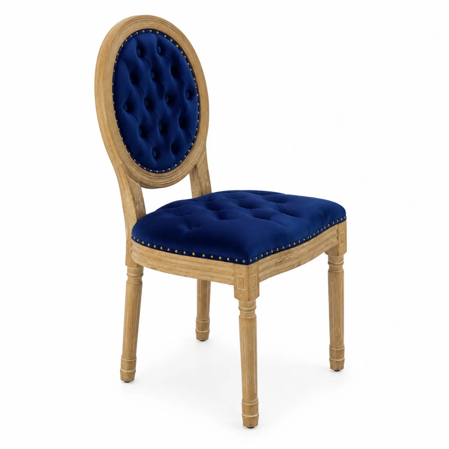 Sedia in legno con rivestimento in velluto blu