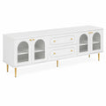Credenza TV in MDF bianca con ante in vetro temperato e dettagli dorati, 200x40x60 cm