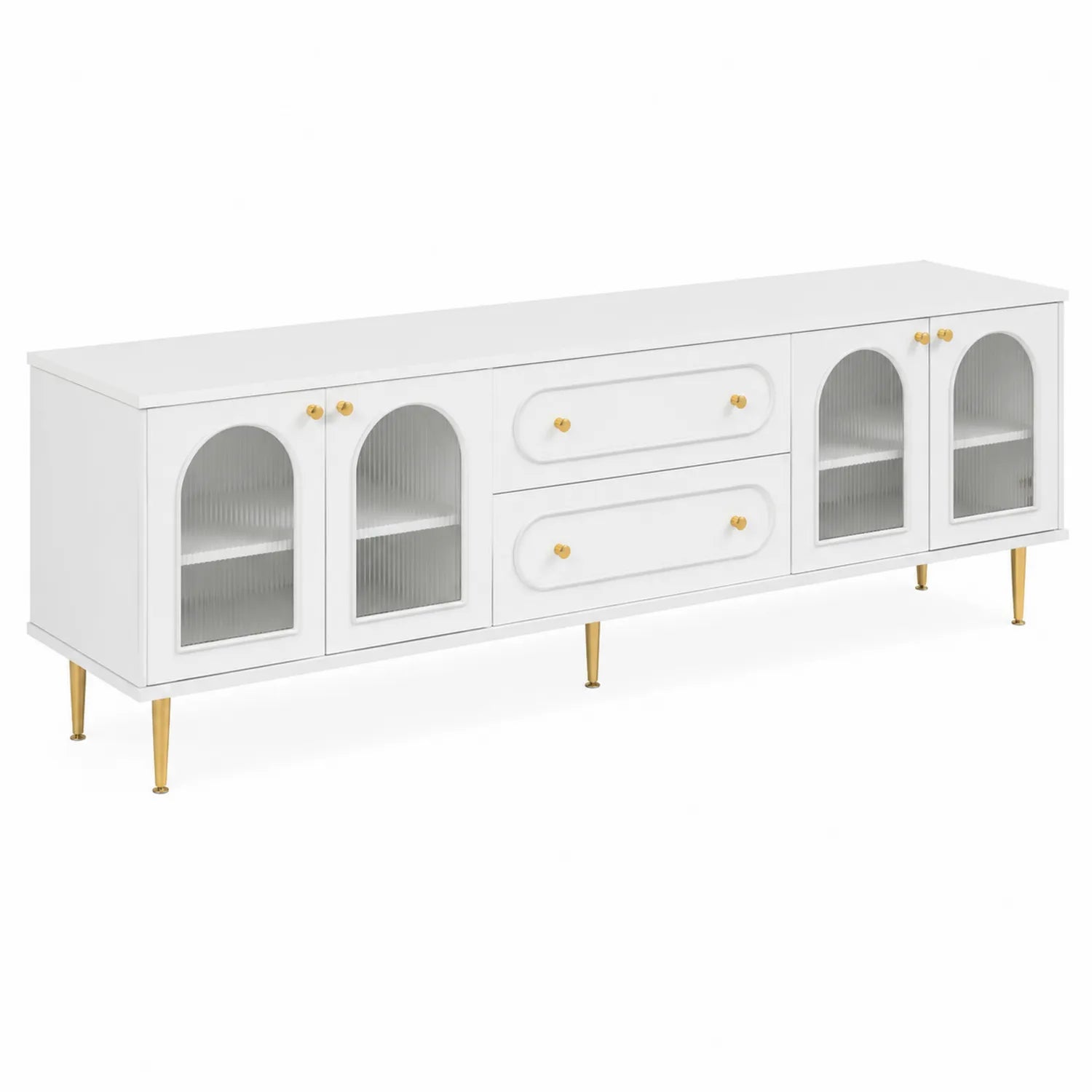 Credenza TV in MDF bianca con ante in vetro temperato e dettagli dorati, 200x40x60 cm
