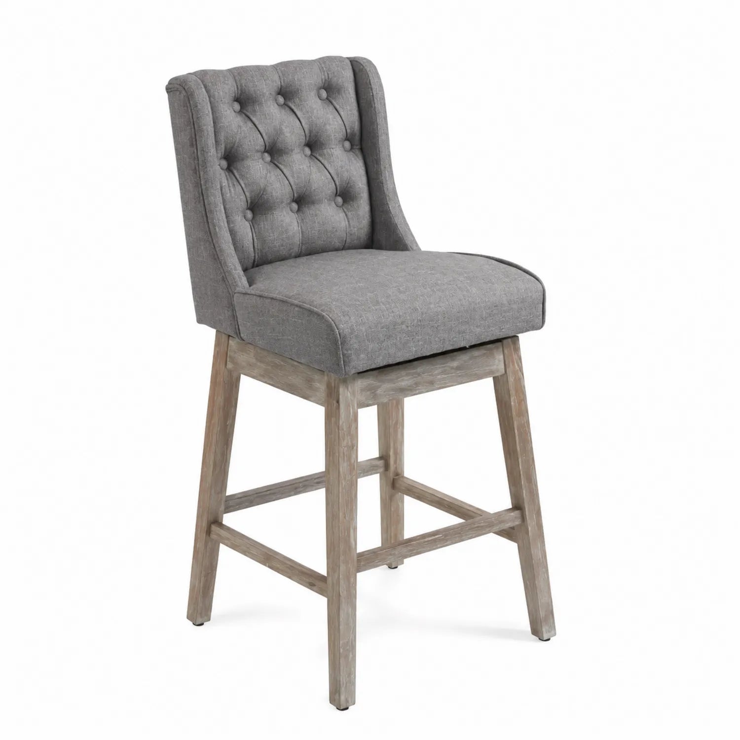Sgabello con seduta in tessuto grigio e struttura in legno