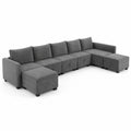 Divano Modulare in Velluto Grigio 6 Posti con Chaise Longue e Poggiapiedi