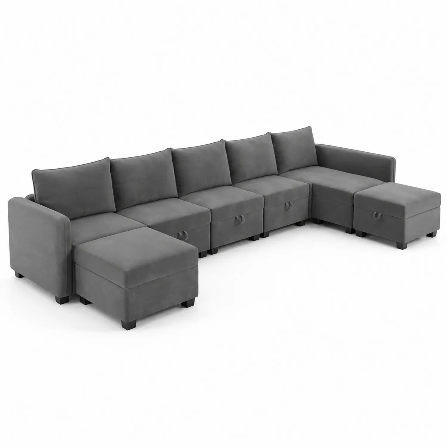 Divano Modulare in Velluto Grigio 6 Posti con Chaise Longue e Poggiapiedi