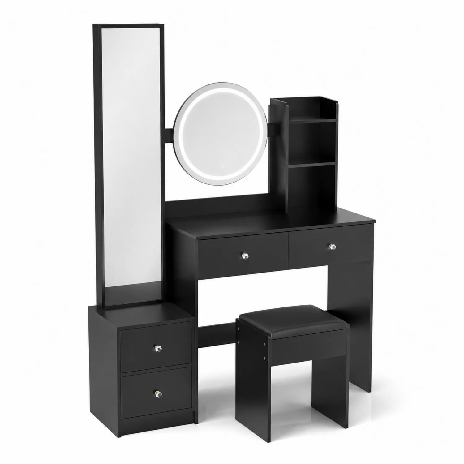 Tavolo da Toeletta in MDF con Specchio LED e Sgabello Nero