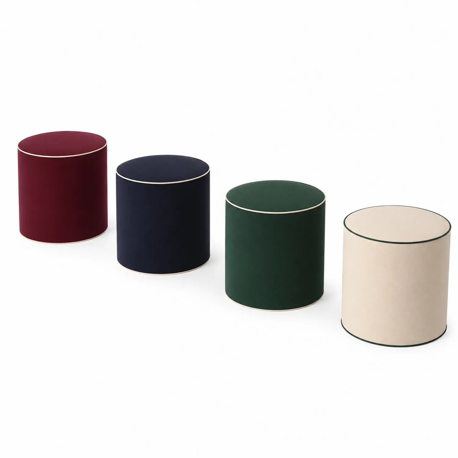 Set di Pouf Cilindrici in Velluto Beige, Rosso, Blu, Verde