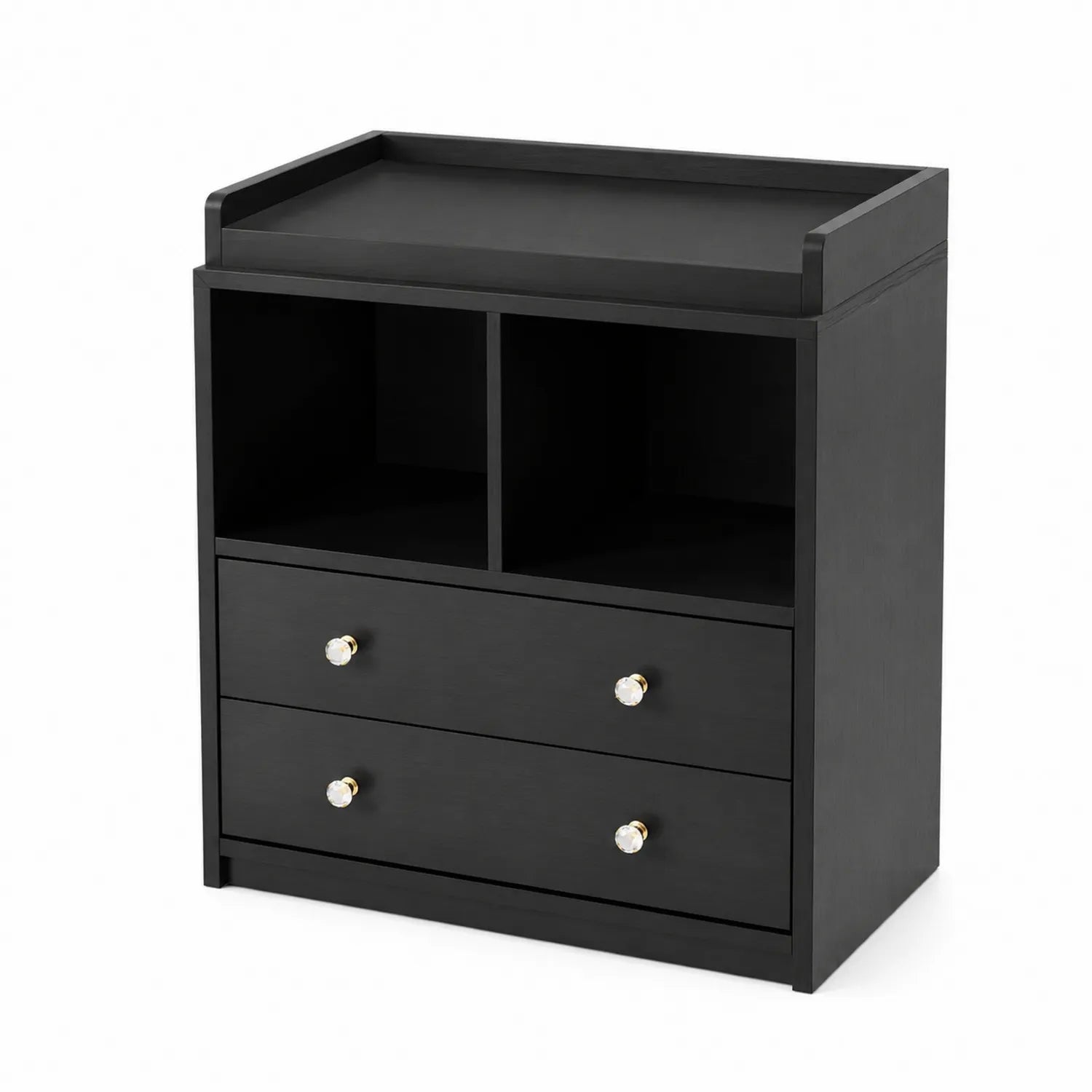 Comodino in legno nero con cassetti e maniglie dorate