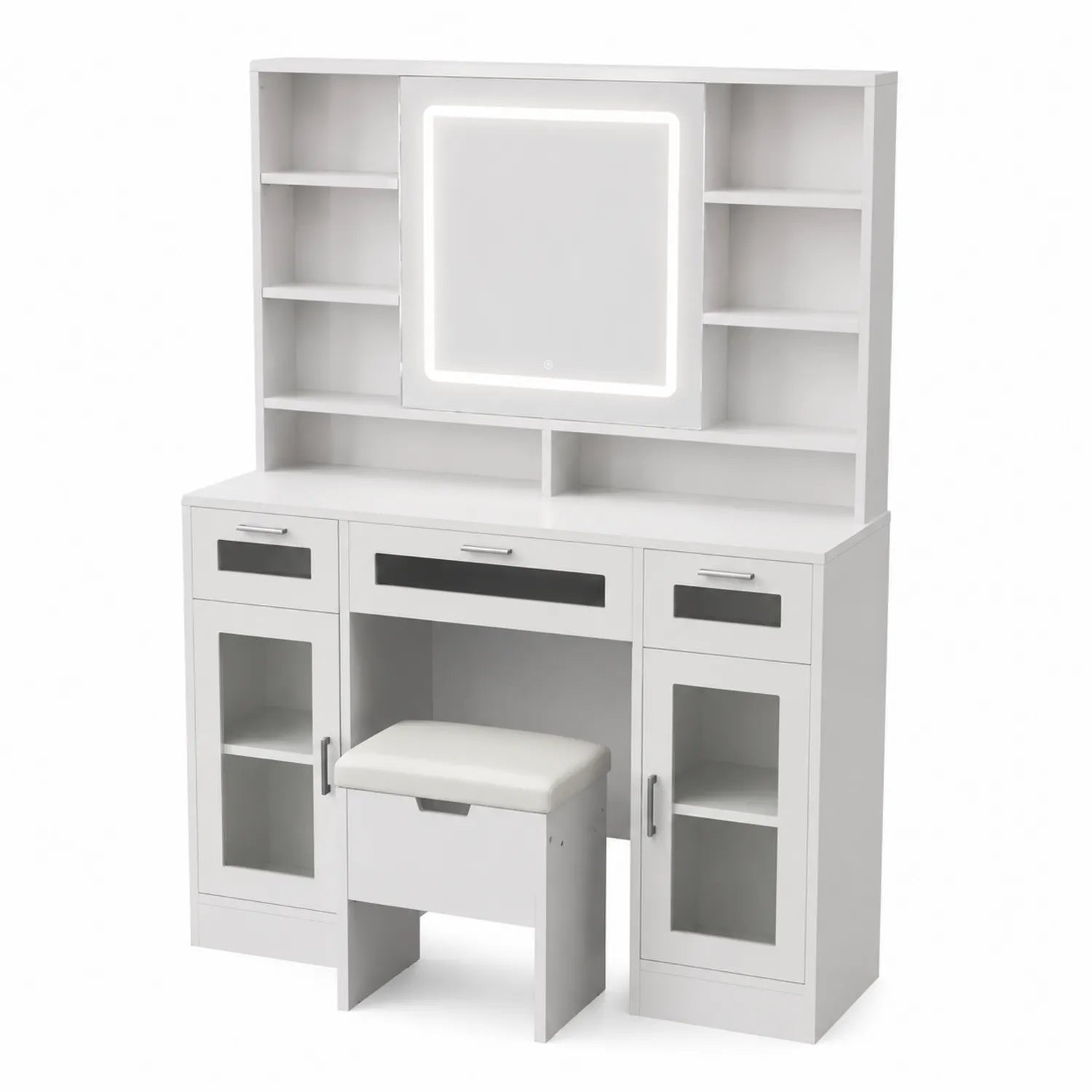 Tavolo da toeletta con specchio a LED in legno composito e vetro